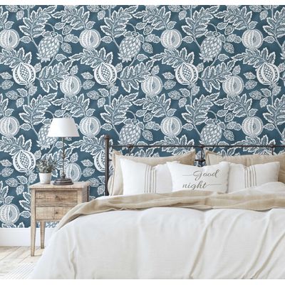 Papel de Parede Botânico de Romã Azul, Vinílico Autoadesivo, Aplicação Fácil para Quarto Estilo Fazenda, Armários, Salas - S4Sassy 63,5 cm (L) × 304,8 cm (C) / Azul - Vinil Liso