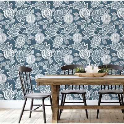 Papel de Parede Botânico de Romã Azul, Vinílico Autoadesivo, Aplicação Fácil para Quarto Estilo Fazenda, Armários, Salas - S4Sassy 63,5 cm (L) × 304,8 cm (C) / Azul - Vinil Liso