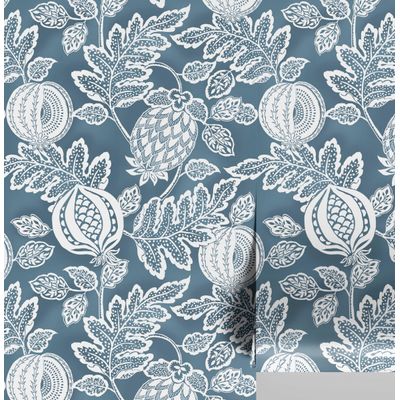 Papel de Parede Botânico de Romã Azul, Vinílico Autoadesivo, Aplicação Fácil para Quarto Estilo Fazenda, Armários, Salas - S4Sassy 63,5 cm (L) × 304,8 cm (C) / Azul - Vinil Liso