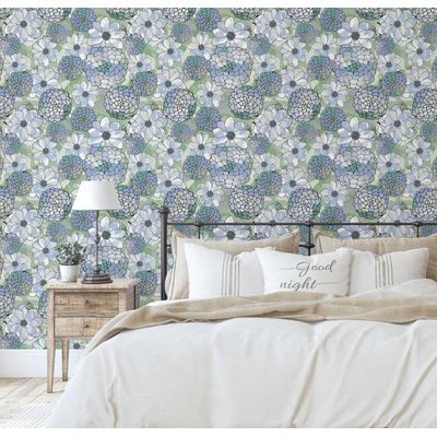 Papel de Parede Autoadesivo Estampa Flores de Pêssego Pastel Verde Vinílico Impermeável Removível para Inquilinos Quarto/Sala - S4sassy 63,5 cm (L) × 914,4 cm (C) / Verde - Vinil Texturizado