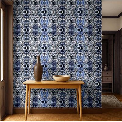 Papel de Parede Boho Autoadesivo com Estampa Tribal, Vinílico À Prova d'Água Azul, Removível para Quarto e Sala - S4sassy 63,5 cm (L) × 152,4 cm (C) / Azul - Vinil Texturizado