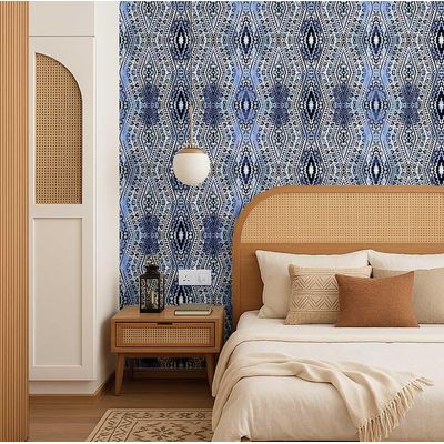 Papel de Parede Boho Autoadesivo com Estampa Tribal, Vinílico À Prova d'Água Azul, Removível para Quarto e Sala - S4sassy 63,5 cm (L) × 152,4 cm (C) / Azul - Vinil Texturizado