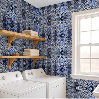 Papel de Parede Boho Autoadesivo com Estampa Tribal, Vinílico À Prova d'Água Azul, Removível para Quarto e Sala - S4sassy 63,5 cm (L) × 152,4 cm (C) / Azul - Vinil Texturizado