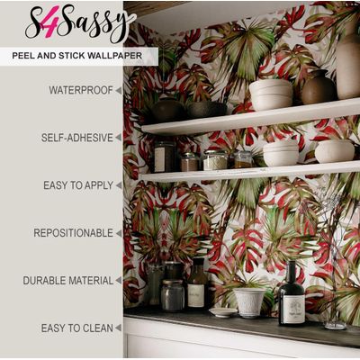 Papel de Parede Vermelho com Folhas Tropicais Monstera, Vinil Autoadesivo Decorativo, Fácil Aplicação para Quarto e Sala - S4Sassy 63,5 cm (L) × 152,4 cm (C) / Vermelho - Vinil Liso