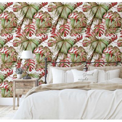 Papel de Parede Vermelho com Folhas Tropicais Monstera, Vinil Autoadesivo Decorativo, Fácil Aplicação para Quarto e Sala - S4Sassy 63,5 cm (L) × 152,4 cm (C) / Vermelho - Vinil Liso