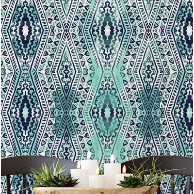 Cobertura de Parede Autocolante Boho, Estampa Tribal, Vinil Impermeável Removível, para Inquilinos, Verde, Quarto/Sala de Jantar - S4sassy 63,5 cm (L) × 609,6 cm (C) / Verde - Vinil Liso