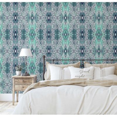 Cobertura de Parede Autocolante Boho, Estampa Tribal, Vinil Impermeável Removível, para Inquilinos, Verde, Quarto/Sala de Jantar - S4sassy 63,5 cm (L) × 609,6 cm (C) / Verde - Vinil Liso