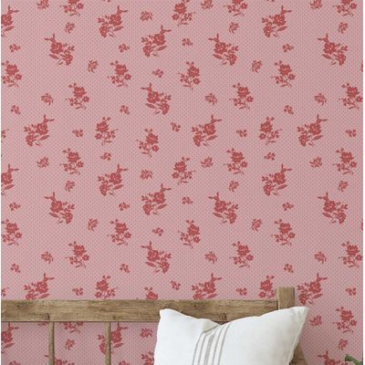 Papel de Parede Autoadesivo Vinílico Impermeável, Estampa de Folhas Pontilhadas e Flores, Rosa, Removível, Para Quarto e Sala - S4sassy 63,5 cm (L) × 152,4 cm (C) / Rosa - Vinil Texturizado