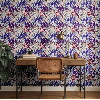 Papel de Parede Autoadesivo Vinílico Impermeável Ramos de Bagas em Aquarela Roxo, Removível para Quarto e Sala de Jantar - S4Sassy 63,5 cm (L) × 304,8 cm (C) / Roxo - Vinil Texturizado
