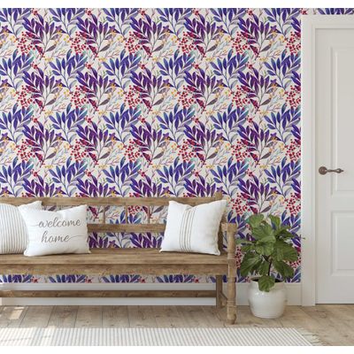 Papel de Parede Autoadesivo Vinílico Impermeável Ramos de Bagas em Aquarela Roxo, Removível para Quarto e Sala de Jantar - S4Sassy 63,5 cm (L) × 304,8 cm (C) / Roxo - Vinil Texturizado