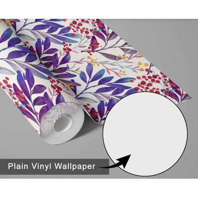 Papel de Parede Autoadesivo Vinílico Impermeável Ramos de Bagas em Aquarela Roxo, Removível para Quarto e Sala de Jantar - S4Sassy 63,5 cm (L) × 304,8 cm (C) / Roxo - Vinil Texturizado