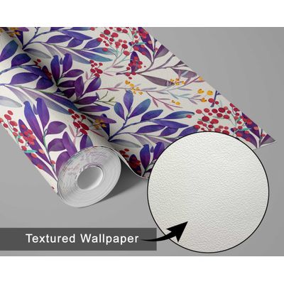 Papel de Parede Autoadesivo Vinílico Impermeável Ramos de Bagas em Aquarela Roxo, Removível para Quarto e Sala de Jantar - S4Sassy 63,5 cm (L) × 304,8 cm (C) / Roxo - Vinil Texturizado