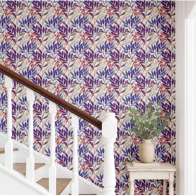 Papel de Parede Autoadesivo Vinílico Impermeável Ramos de Bagas em Aquarela Roxo, Removível para Quarto e Sala de Jantar - S4Sassy 63,5 cm (L) × 304,8 cm (C) / Roxo - Vinil Texturizado