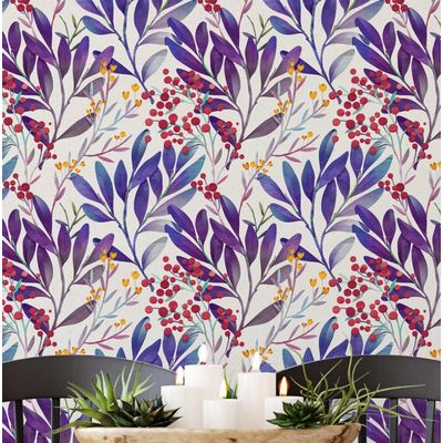 Papel de Parede Autoadesivo Vinílico Impermeável Ramos de Bagas em Aquarela Roxo, Removível para Quarto e Sala de Jantar - S4Sassy 63,5 cm (L) × 304,8 cm (C) / Roxo - Vinil Texturizado