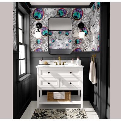 Papel de Parede Autoadesivo Boho Penas de Pavão Vinílico Impermeável Removível Azul Ideal para Locatários Quarto e Sala de Jantar - S4sassy 63,5 cm (L) × 914,4 cm (C) / Azul - Vinil Liso