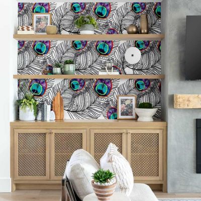 Papel de Parede Autoadesivo Boho Penas de Pavão Vinílico Impermeável Removível Azul Ideal para Locatários Quarto e Sala de Jantar - S4sassy 63,5 cm (L) × 914,4 cm (C) / Azul - Vinil Liso