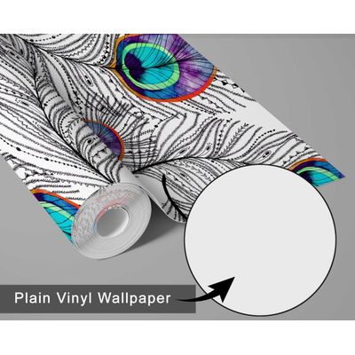 Papel de Parede Autoadesivo Boho Penas de Pavão Vinílico Impermeável Removível Azul Ideal para Locatários Quarto e Sala de Jantar - S4sassy 63,5 cm (L) × 914,4 cm (C) / Azul - Vinil Liso
