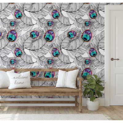 Papel de Parede Autoadesivo Boho Penas de Pavão Vinílico Impermeável Removível Azul Ideal para Locatários Quarto e Sala de Jantar - S4sassy 63,5 cm (L) × 914,4 cm (C) / Azul - Vinil Liso