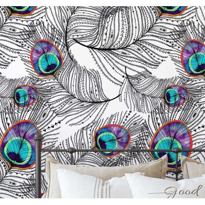 Papel de Parede Autoadesivo Boho Penas de Pavão Vinílico Impermeável Removível Azul Ideal para Locatários Quarto e Sala de Jantar - S4sassy 63,5 cm (L) × 914,4 cm (C) / Azul - Vinil Liso