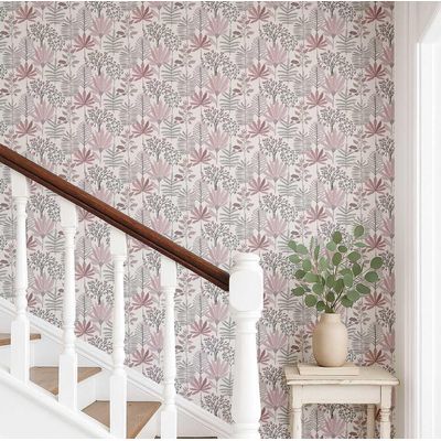 Papel de Parede Autoadesivo Jardim Tropical Pastel Vinil Impermeável Rosa Removível para Locatários Quarto/Sala de Jantar - S4Sassy 63,5 cm (L) × 152,4 cm (C) / Rosa - Vinil Liso