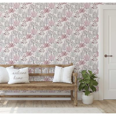 Papel de Parede Autoadesivo Jardim Tropical Pastel Vinil Impermeável Rosa Removível para Locatários Quarto/Sala de Jantar - S4Sassy 63,5 cm (L) × 152,4 cm (C) / Rosa - Vinil Liso