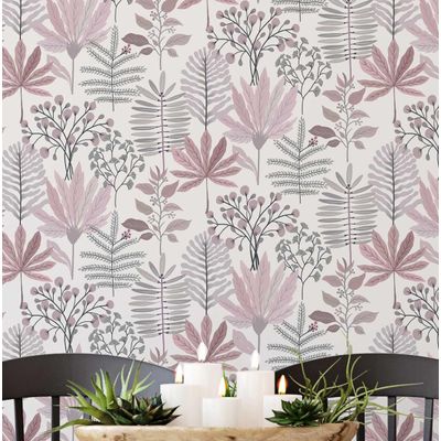 Papel de Parede Autoadesivo Jardim Tropical Pastel Vinil Impermeável Rosa Removível para Locatários Quarto/Sala de Jantar - S4Sassy 63,5 cm (L) × 152,4 cm (C) / Rosa - Vinil Liso