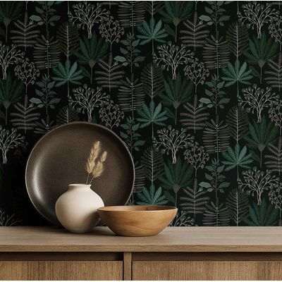 Papel de Parede Autoadesivo Jardim Tropical Tons Pastel, Vinílico Impermeável Preto, Removível para Quarto e Sala de Jantar - S4Sassy 63,5 cm (L) × 304,8 cm (C) / Preto - Vinil Liso