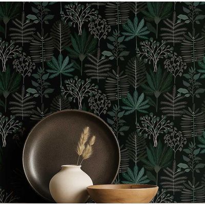 Papel de Parede Autoadesivo Jardim Tropical Tons Pastel, Vinílico Impermeável Preto, Removível para Quarto e Sala de Jantar - S4Sassy 63,5 cm (L) × 304,8 cm (C) / Preto - Vinil Liso
