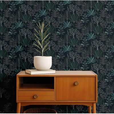 Papel de Parede Autoadesivo Jardim Tropical Tons Pastel, Vinílico Impermeável Preto, Removível para Quarto e Sala de Jantar - S4Sassy 63,5 cm (L) × 304,8 cm (C) / Preto - Vinil Liso