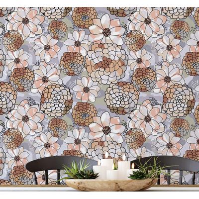 Papel de Parede Autoadesivo Estampa Flor de Pêssego Pastel, Vinílico à Prova d'água, Marrom, Removível, para Quarto e Sala - S4sassy 63,5 cm (L) × 304,8 cm (C) / Marrom - Vinil Texturizado