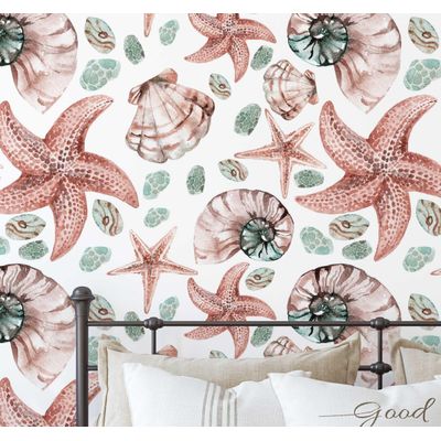 Papel de Parede Autocolante Removível Conchas e Estrelas-do-Mar Aquarela Marrom para Banheiro, Lavanderia, Closet - S4Sassy 63,5 cm (L) × 609,6 cm (C) / Marrom - Vinil Texturizado