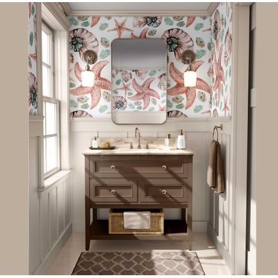 Papel de Parede Autocolante Removível Conchas e Estrelas-do-Mar Aquarela Marrom para Banheiro, Lavanderia, Closet - S4Sassy 63,5 cm (L) × 609,6 cm (C) / Marrom - Vinil Texturizado