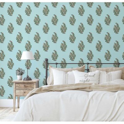 Papel de Parede Vinílico Autoadesivo Motivo Tradicional Booti Removível Estilo Asiático para Banheiro, Lavanderia e Closet Azul - S4Sassy 63,5 cm (L) × 152,4 cm (C) / Azul - Vinil Liso