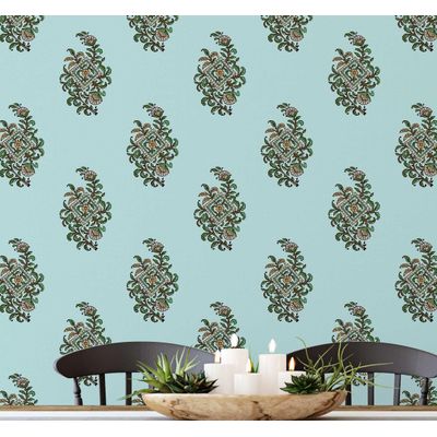 Papel de Parede Vinílico Autoadesivo Motivo Tradicional Booti Removível Estilo Asiático para Banheiro, Lavanderia e Closet Azul - S4Sassy 63,5 cm (L) × 152,4 cm (C) / Azul - Vinil Liso