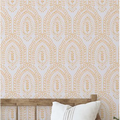 Papel Contact Vinílico Autoadesivo, Urban Chic Paisley Arqueada de Folhas, Amarelo, Impermeável, Removível para Quartos e Sala - S4Sassy 63,5 cm (L) × 914,4 cm (C) / Amarelo - Vinil Liso