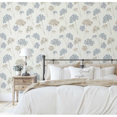 Revestimento de Parede Autoadesivo Floral Pastel em Vinil Removível, Mural Moderno Azul para Quarto, Banheiro, Lavanderia, Closet - S4Sassy 63,5 cm (L) × 152,4 cm (C) / Azul - Vinil Liso