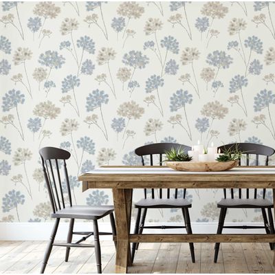 Revestimento de Parede Autoadesivo Floral Pastel em Vinil Removível, Mural Moderno Azul para Quarto, Banheiro, Lavanderia, Closet - S4Sassy 63,5 cm (L) × 152,4 cm (C) / Azul - Vinil Liso