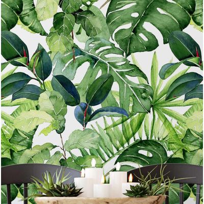 Papel de Parede Monocromático de Folhas Tropicais Verde, Vinil Autoadesivo, Revestimento Decorativo DIY para Quarto e Sala - S4Sassy 63,5 cm (L) × 152,4 cm (C) / Verde - Vinil Liso