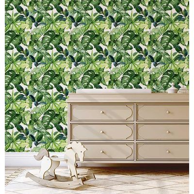 Papel de Parede Monocromático de Folhas Tropicais Verde, Vinil Autoadesivo, Revestimento Decorativo DIY para Quarto e Sala - S4Sassy 63,5 cm (L) × 152,4 cm (C) / Verde - Vinil Liso
