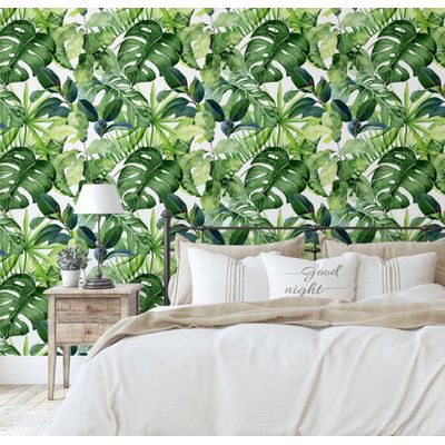 Papel de Parede Monocromático de Folhas Tropicais Verde, Vinil Autoadesivo, Revestimento Decorativo DIY para Quarto e Sala - S4Sassy 63,5 cm (L) × 152,4 cm (C) / Verde - Vinil Liso