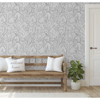 Papel de Parede Vinil Autoadesivo Chic Urbano Folhagem Abstrata Impermeável Cinza Removível Para Quartos e Salas, Inquilinos - S4Sassy 63,5 cm (L) × 152,4 cm (C) / Cinza - Vinil Texturizado