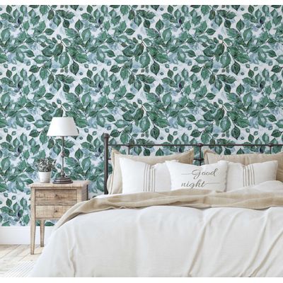 Papel de Parede Autoadesivo Folhas em Aquarela, Contact Vinil Impermeável Verde, Removível para Locatários, Quarto/Sala de Jantar - S4Sassy 63,5 cm (L) × 609,6 cm (C) / Verde - Vinil Texturizado