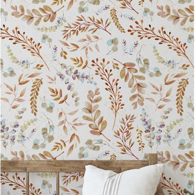 Papel de Parede Folhas Aquareladas Bege Autoadesivo em Vinil, Revestimento Botânico, Decoração DIY para Quarto, Sala e Ambientes - S4Sassy 63,5 cm (L) × 609,6 cm (C) / Bege - Vinil Texturizado