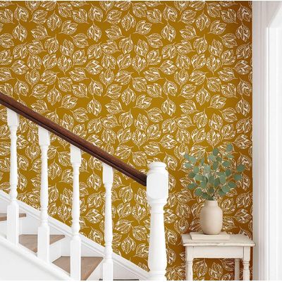 Papel de Parede Autoadesivo Decorativo Folhas Abstratas Amarelo, Vinil Impermeável Removível para Quarto e Sala de Jantar - S4Sassy 63,5 cm (L) × 609,6 cm (C) / Amarelo - Vinil Texturizado