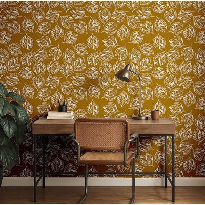 Papel de Parede Autoadesivo Decorativo Folhas Abstratas Amarelo, Vinil Impermeável Removível para Quarto e Sala de Jantar - S4Sassy 63,5 cm (L) × 609,6 cm (C) / Amarelo - Vinil Texturizado