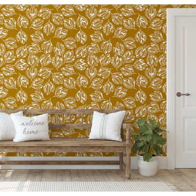 Papel de Parede Autoadesivo Decorativo Folhas Abstratas Amarelo, Vinil Impermeável Removível para Quarto e Sala de Jantar - S4Sassy 63,5 cm (L) × 609,6 cm (C) / Amarelo - Vinil Texturizado
