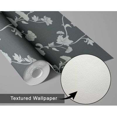 Papel de Parede Autoadesivo Removível Ginkgo Vine Cinza, Mural Instantâneo para Quarto, Banheiro, Lavanderia, Interior do Closet - S4Sassy 63,5 cm (L) × 609,6 cm (C) / Cinza - Vinil Texturizado