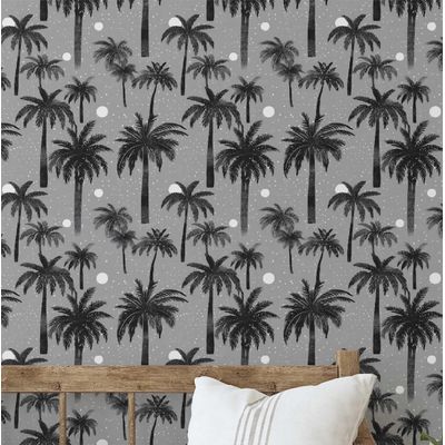 Papel de Parede Tropical Cinza Paraíso das Palmeiras, Vinílico Autoadesivo e Decorativo, DIY Fácil para Quarto, Sala e Ambientes - S4Sassy 63,5 cm (L) × 914,4 cm (C) / Cinza - Vinil Liso