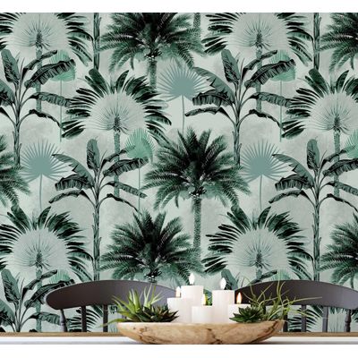 Papel de Parede Monocromático Folhas de Palmeira Verdes Vinílico Autoadesivo, Decoração DIY Fácil para Quarto e Sala - S4Sassy 63,5 cm (L) × 914,4 cm (C) / Verde - Vinil Liso