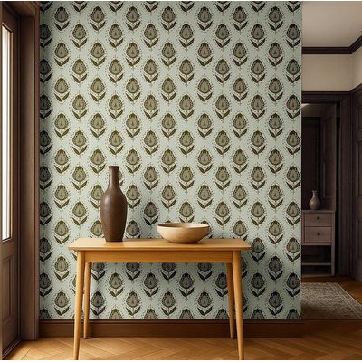 Papel de Parede Étnico Folha Paisley Verde, Estilo Asiático, Vinílico Autoadesivo, Fácil DIY para Quarto e Sala - S4Sassy 63,5 cm (L) × 152,4 cm (C) / Verde - Vinil Texturizado